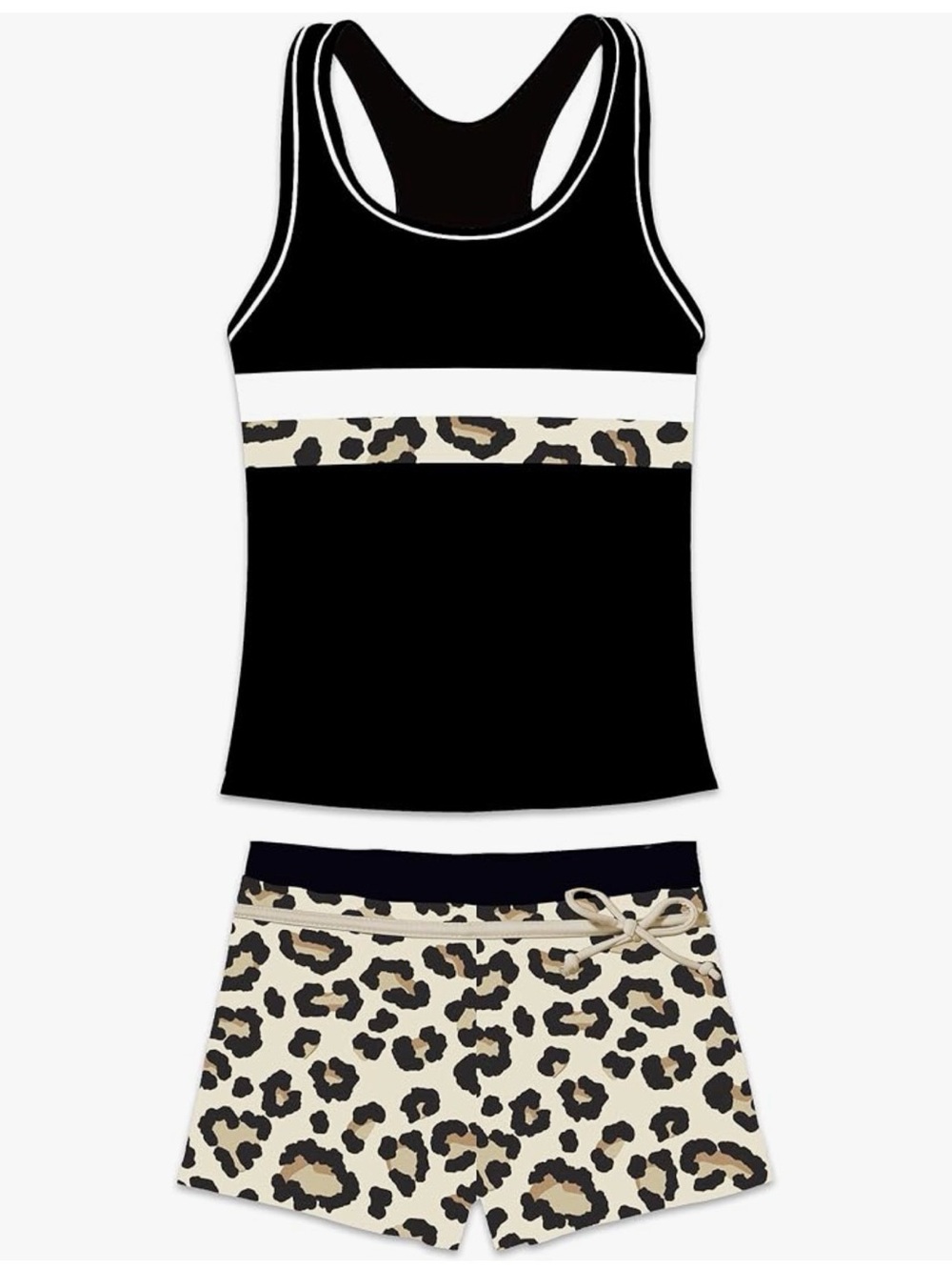 Girls' Black Tankini Swim Top with Leopard Trim and Matching Swim Shorts
